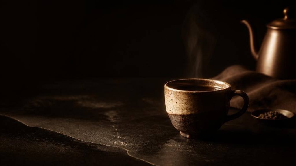 A ceramic cup of NOVRE coffee, still steaming