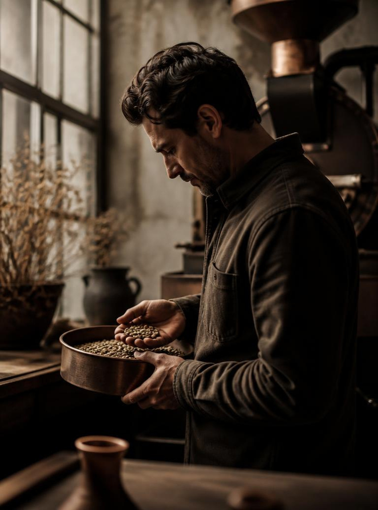 Coffee poured slow over dark wood